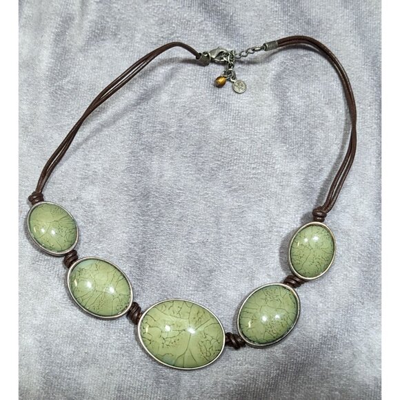 Vintage Axcess Liz Claiborne Bohemian Green Lava Print Cabochon Necklace - Picture 7 of 8